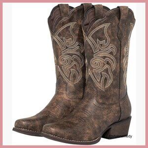 Women's Square Toe Cowboy Boots Wide Calf, Distressed Western Mid Calf Boots